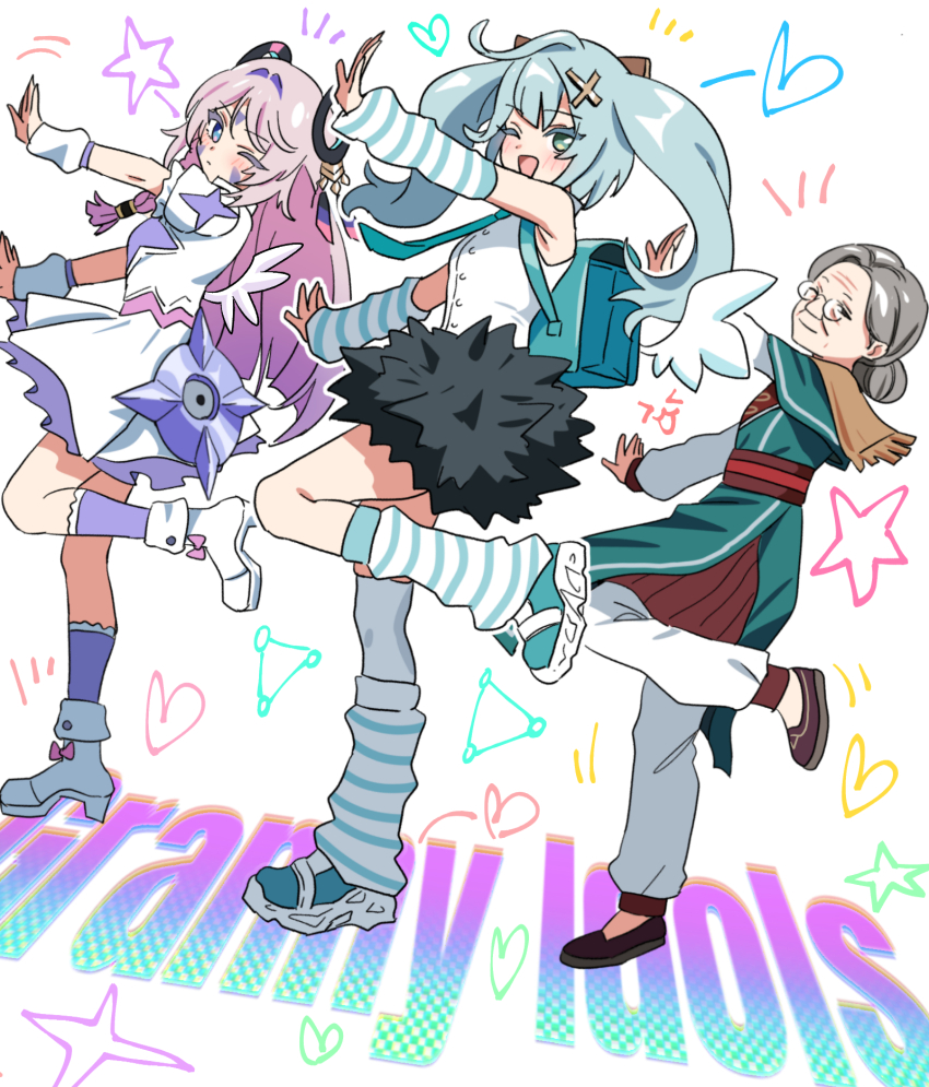 3girls, angels_of_delusion, aqua_hair, aria_(zenless_zone_zero), aria_(zenless_zone_zero)_(cosplay), arm_warmers, backpack, bag