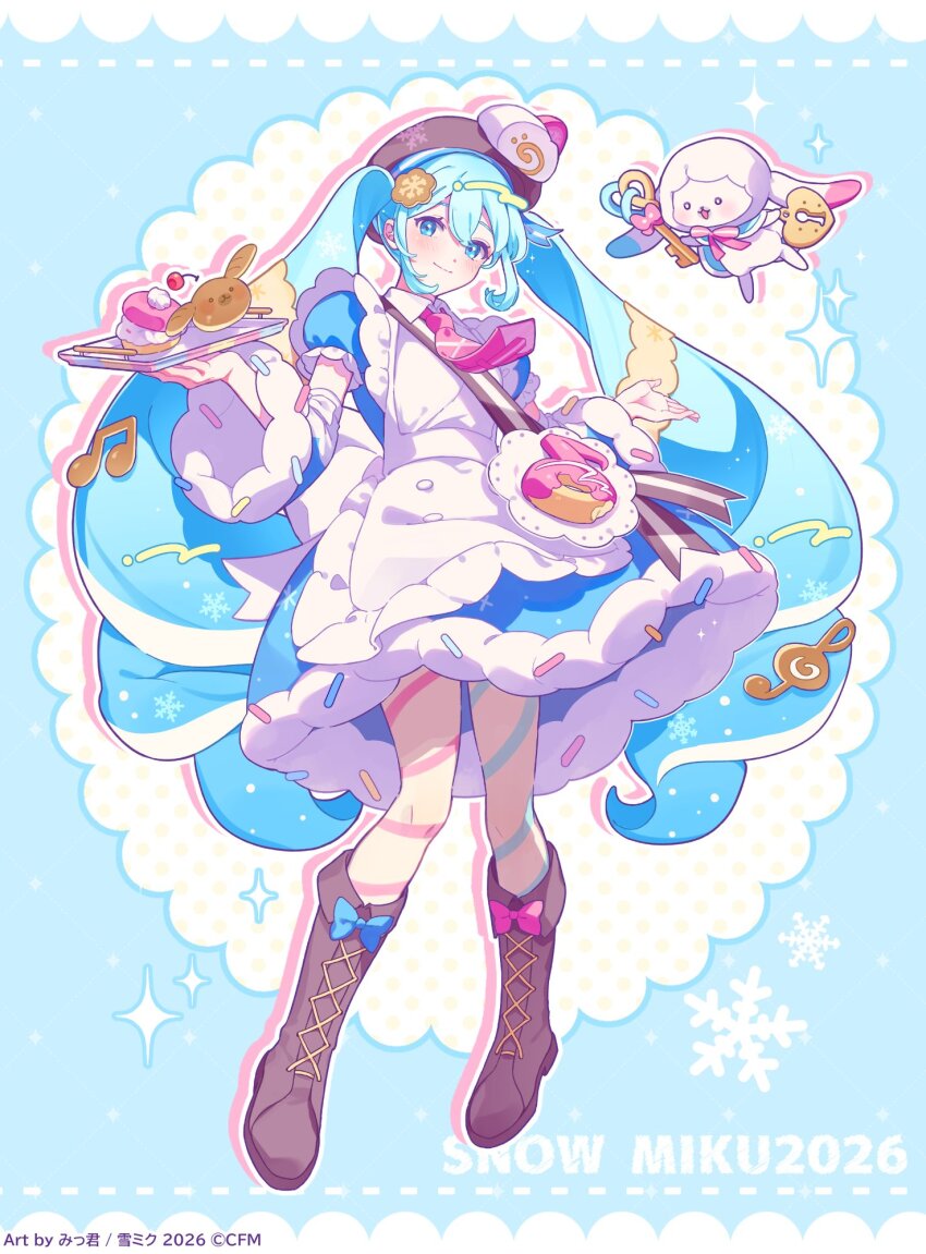 1girl, aqua_background, asymmetrical_legwear, blue_bow, blue_dress, blue_eyes, blue_hair, blue_pantyhose