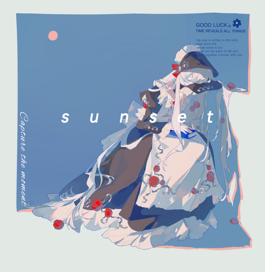 1girl, absurdres, blue_sky, border, closed_eyes, covered_mouth, dress, flower