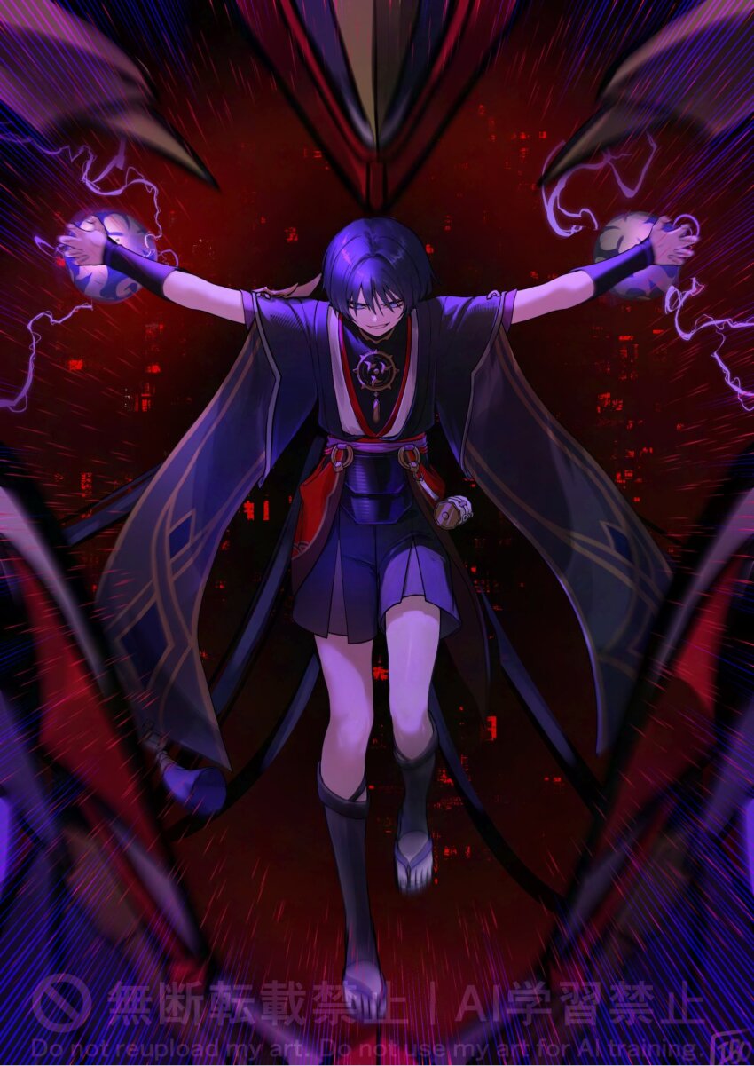 1boy, 49ibo240, armor, artist_name, black_bodysuit, black_kimono, black_shorts, black_sleeves