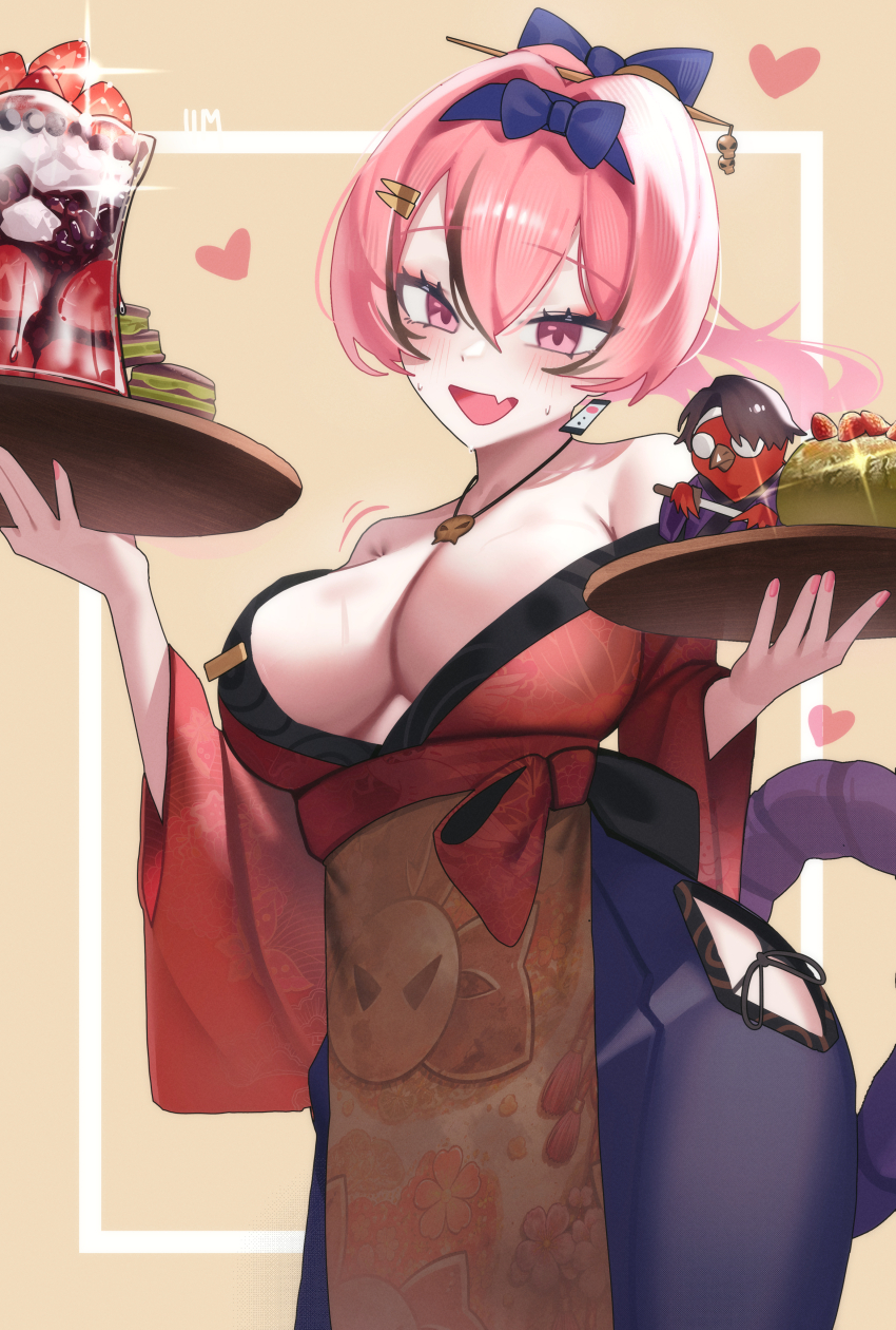 1girl, 1im_illus, absurdres, animal, bare_shoulders, bird, black_hakama, black_kimono