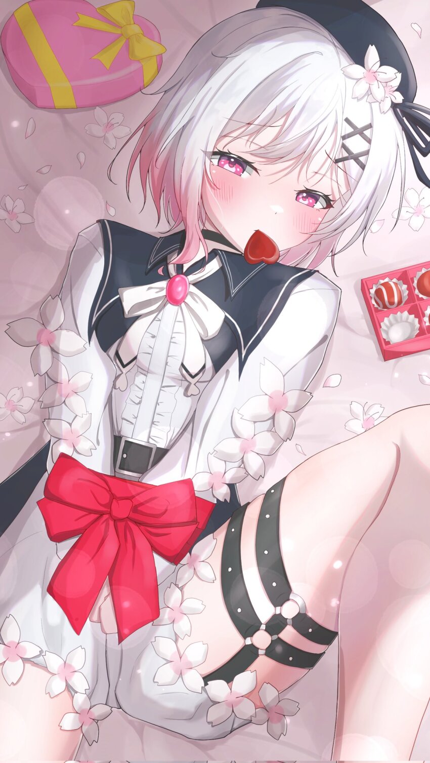 1girl, blush, bound, bound_arms, bow, box, box_of_chocolates, candy