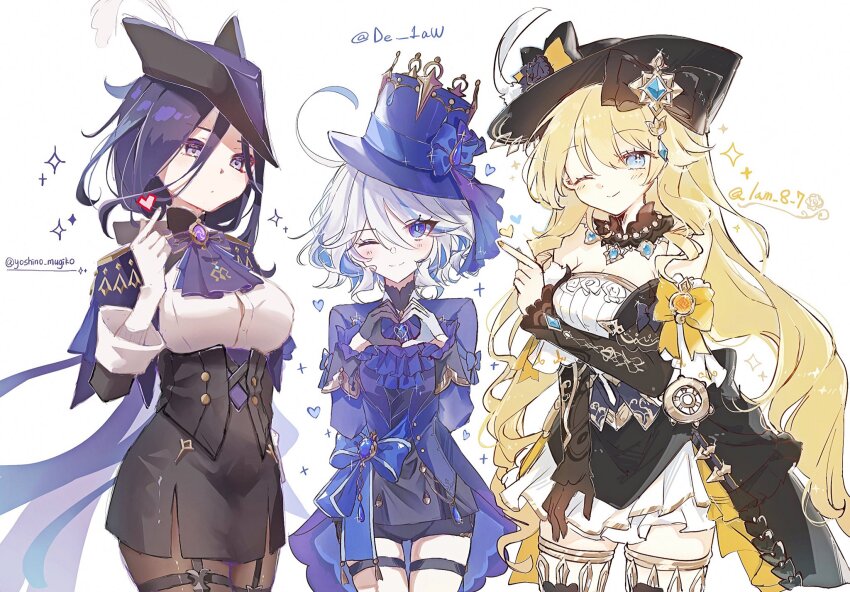 3girls, ahoge, artist_collaboration, ascot, asymmetrical_gloves, black_corset, black_dress, black_gloves, black_hat, black_shirt, black_shorts, black_skirt, blonde_hair, blue_eyes, blue_hair, blue_hat, blue_jacket, blue_ribbon, blush, breasts, capelet, clorinde_(genshin_impact), commentary_request, corset, cowboy_shot, de_1aw, detached_collar, detached_sleeves, dress, drill_hair, drill_sidelocks, drop-shaped_pupils, finger_heart, furina_(genshin_impact), genshin_impact, gloves, hair_between_eyes, hat, heart, heart_hands, highres, jacket, kino-cands, large_breasts, long_hair, long_sleeves, looking_at_viewer, mismatched_gloves, multicolored_hair, multiple_girls, nail_polish, navia_(genshin_impact), one_eye_closed, pantyhose, ponytail, purple_ascot, purple_capelet, purple_eyes, purple_hair, purple_hat, ribbon, shirt, short_hair, shorts, sidelocks, skirt, smile, sparkle, streaked_hair, symbol-shaped_pupils, thigh_strap, top_hat, tricorne, vision_(genshin_impact), white_background, white_gloves, white_hair, white_shirt, white_skirt, yellow_ribbon, yoshino_mugiko