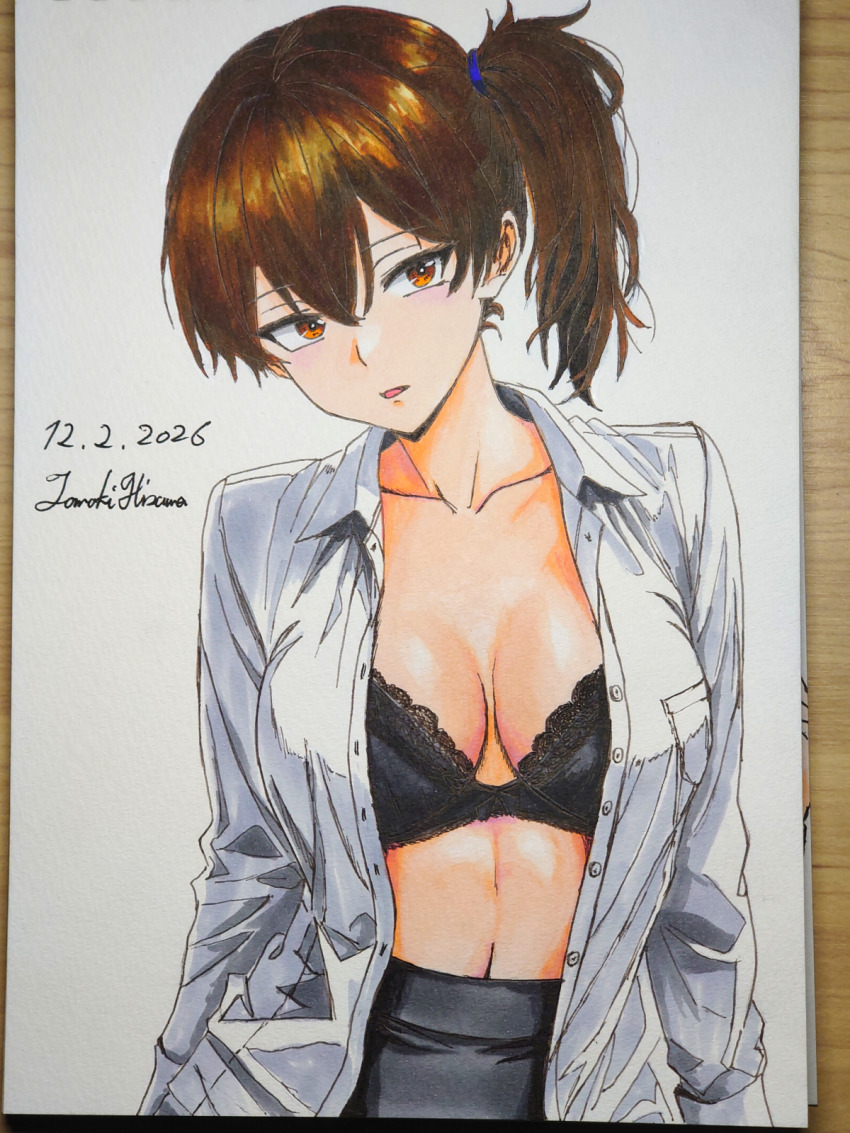 1girl, alternate_costume, artist_name, black_bra, black_skirt, blush, bra, breasts