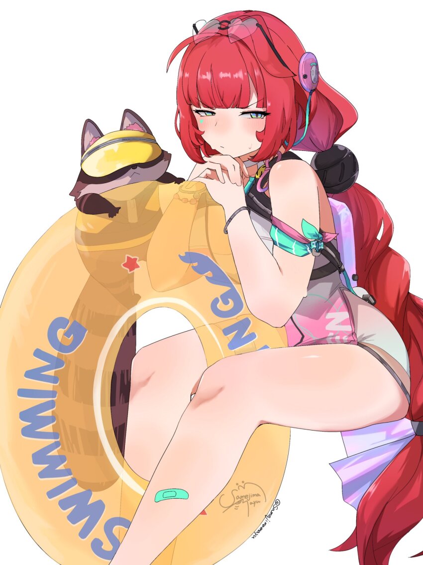 1girl, bandaid, bandaid_on_leg, bare_shoulders, blue_eyes, blush, braid, braided_twintails