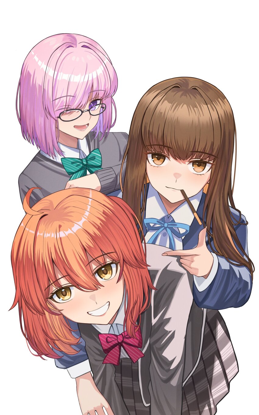 3girls, absurdres, ahoge, black_jacket, black_skirt, blue_jacket, blush, bow