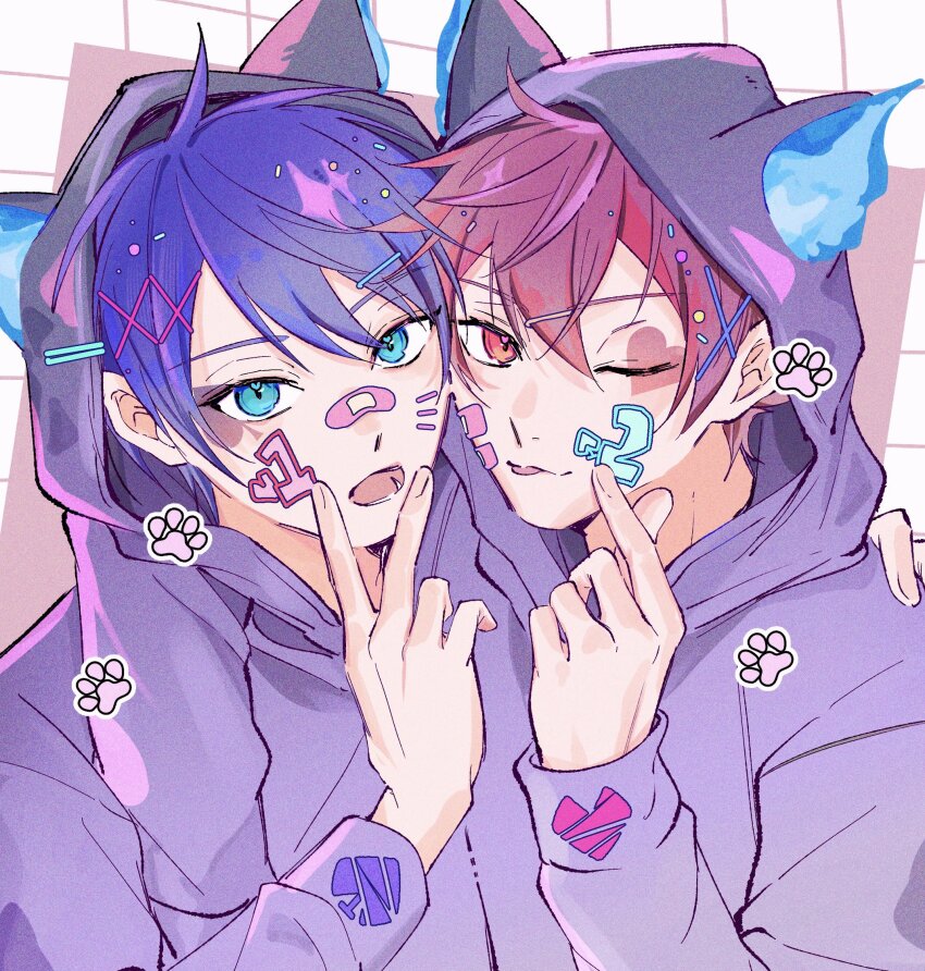 2boys, ace_trappola, alternate_costume, bandage_on_face, bandages, blue_hair, commentary_request, deuce_spade, green_eyes, grim_(twisted_wonderland), hair_ornament, hairclip, highres, hood, hood_up, looking_at_viewer, male_focus, mozuku_am, multiple_boys, one_eye_closed, open_mouth, paw_print, red_eyes, red_hair, twisted_wonderland, v