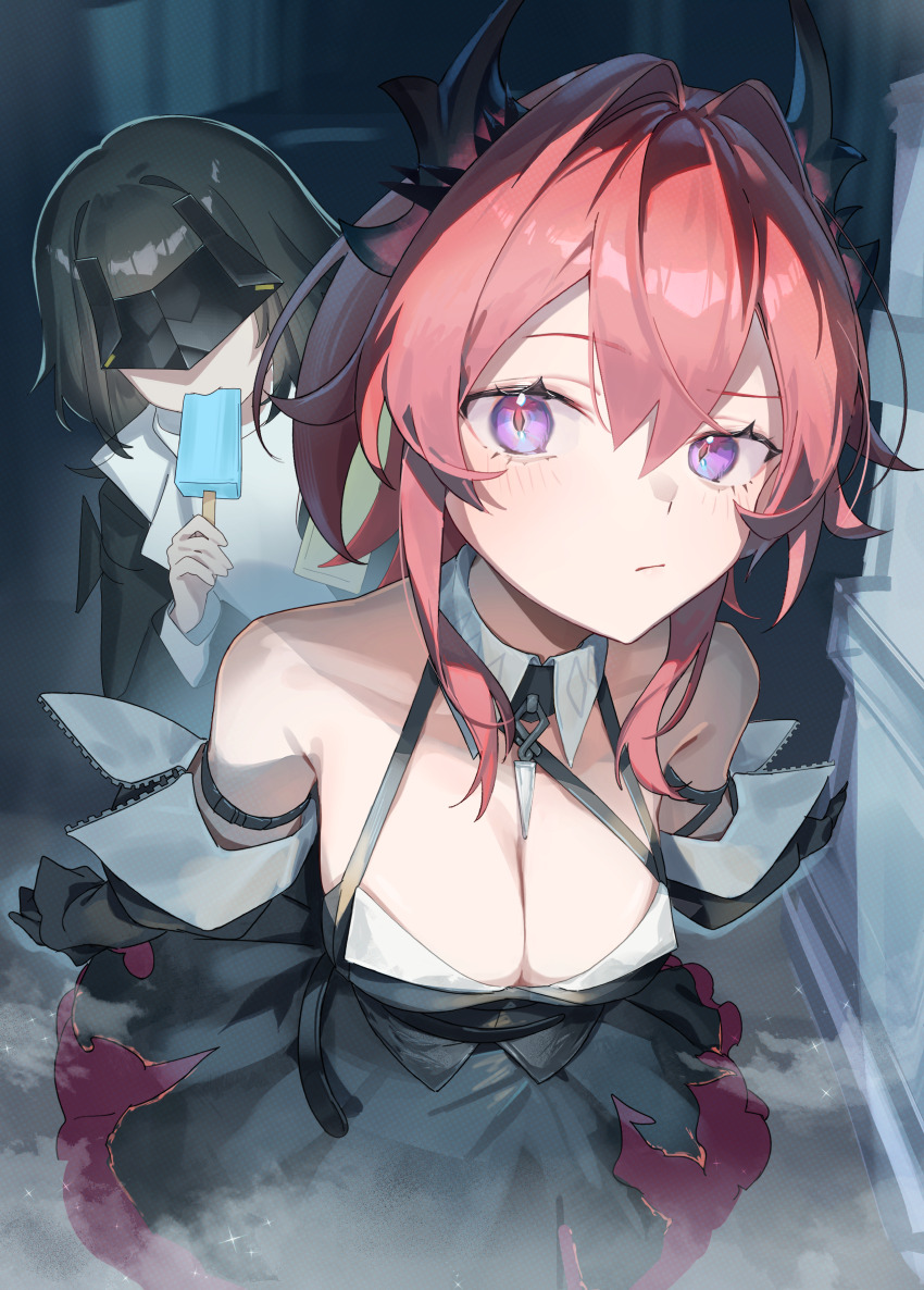 2girls, absurdres, arknights, arknights:_endfield, arm_strap, bare_shoulders, behind_another, black_dress
