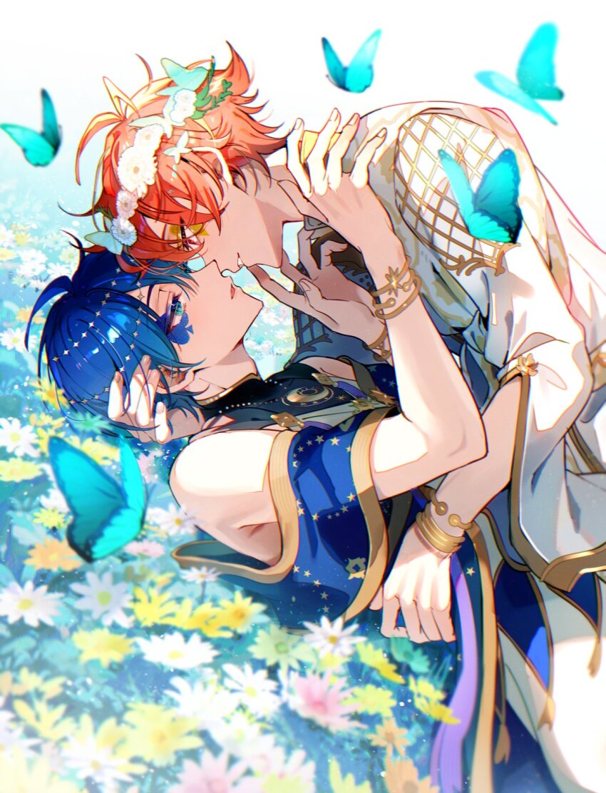 2boys, ace_trappola, ace_trappola_(gala_couture), bare_shoulders, blue_hair, boy_on_top, bracelet, bug