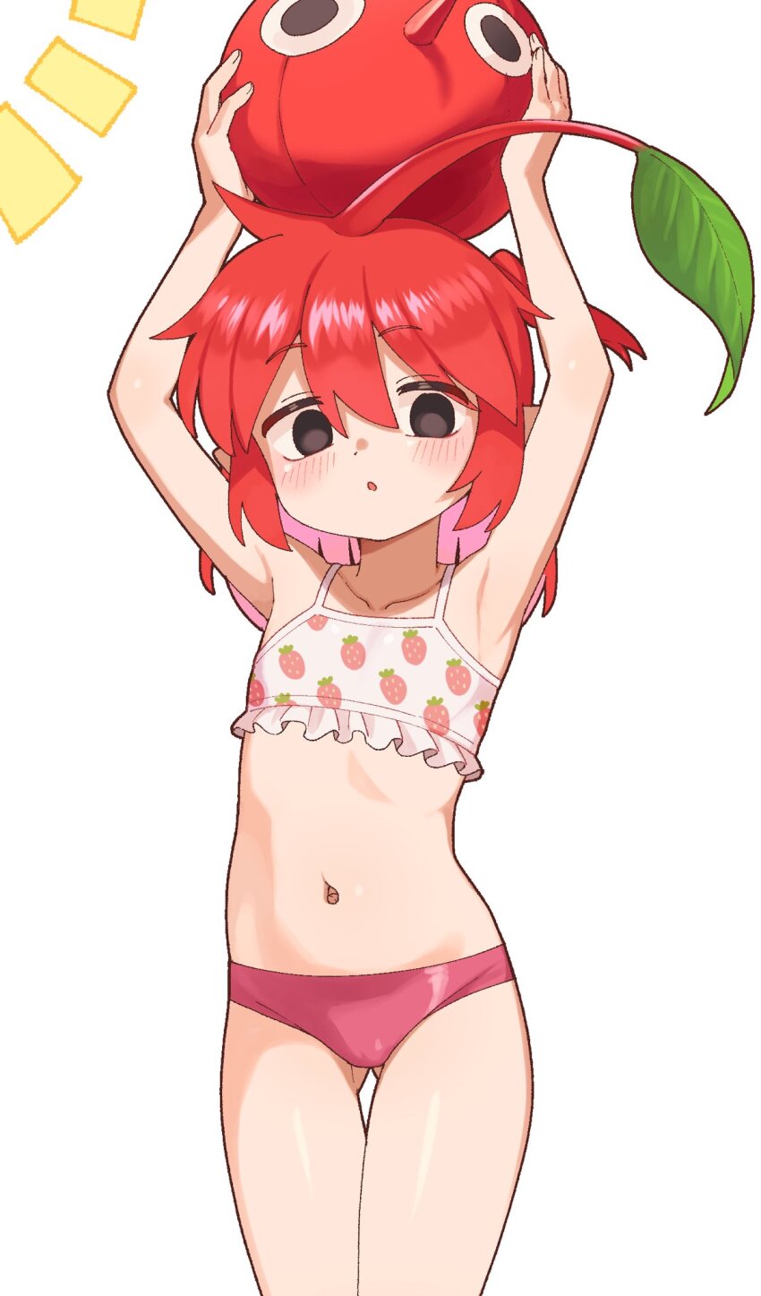 1girl, arms_up, bikini, black_eyes, blush, collarbone, commentary_request, flat_chest