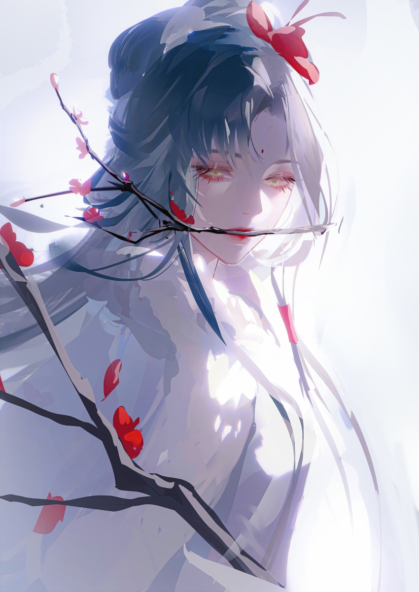 1girl, absurdres, branch, branch_in_mouth, coat, eyeliner, facial_mark, flower, forehead_mark, fur-trimmed_coat, fur_trim, grey_hair, hair_flower, hair_ornament, half-closed_eyes, half_updo, highres, jichuan_(path_to_nowhere), long_hair, low-tied_sidelocks, makeup, parted_bangs, path_to_nowhere, plum_blossoms, qingci, red_eyeliner, red_flower, red_lips, sidelocks, solo, upper_body, white_background, white_coat, yellow_eyes