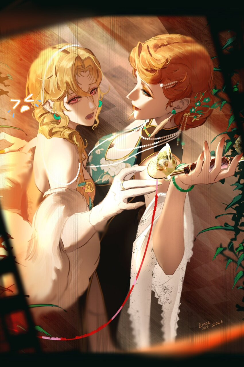 2girls, bare_shoulders, blonde_hair, china_dress, chinese_clothes, cleavage_cutout, clothing_cutout, commentary_request