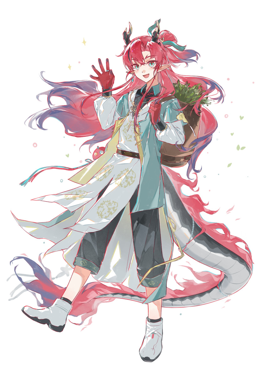 1boy, absurdres, arknights, backpack_basket, black_pants, blue_jacket, chi_bu92189, chinese_clothes