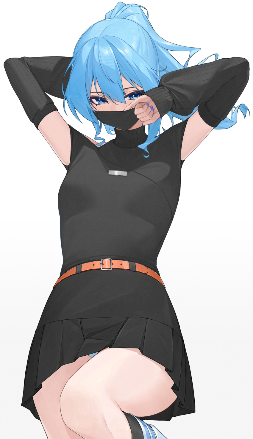 1girl, arm_behind_head, arms_up, belt, black_mask, black_shirt, black_skirt, black_sleeves, blue_eyes, blue_hair, blue_nails, blush, breasts, brown_belt, detached_sleeves, hair_between_eyes, hashtag-only_commentary, highres, hololive, hoshimachi_suisei, hoshimachi_suisei_(11th_costume), knee_up, kneehighs, long_hair, looking_at_viewer, mask, mouth_mask, nail_polish, official_alternate_costume, panties, panty_peek, pleated_skirt, ponytail, raeis, ribbed_collar, ribbed_sleeves, shirt, simple_background, skirt, sleeveless, sleeveless_shirt, sleeveless_turtleneck, sleeves_past_wrists, small_breasts, smile, socks, solo, star_(symbol), star_in_eye, symbol_in_eye, thighs, turtleneck, underwear, virtual_youtuber, white_background