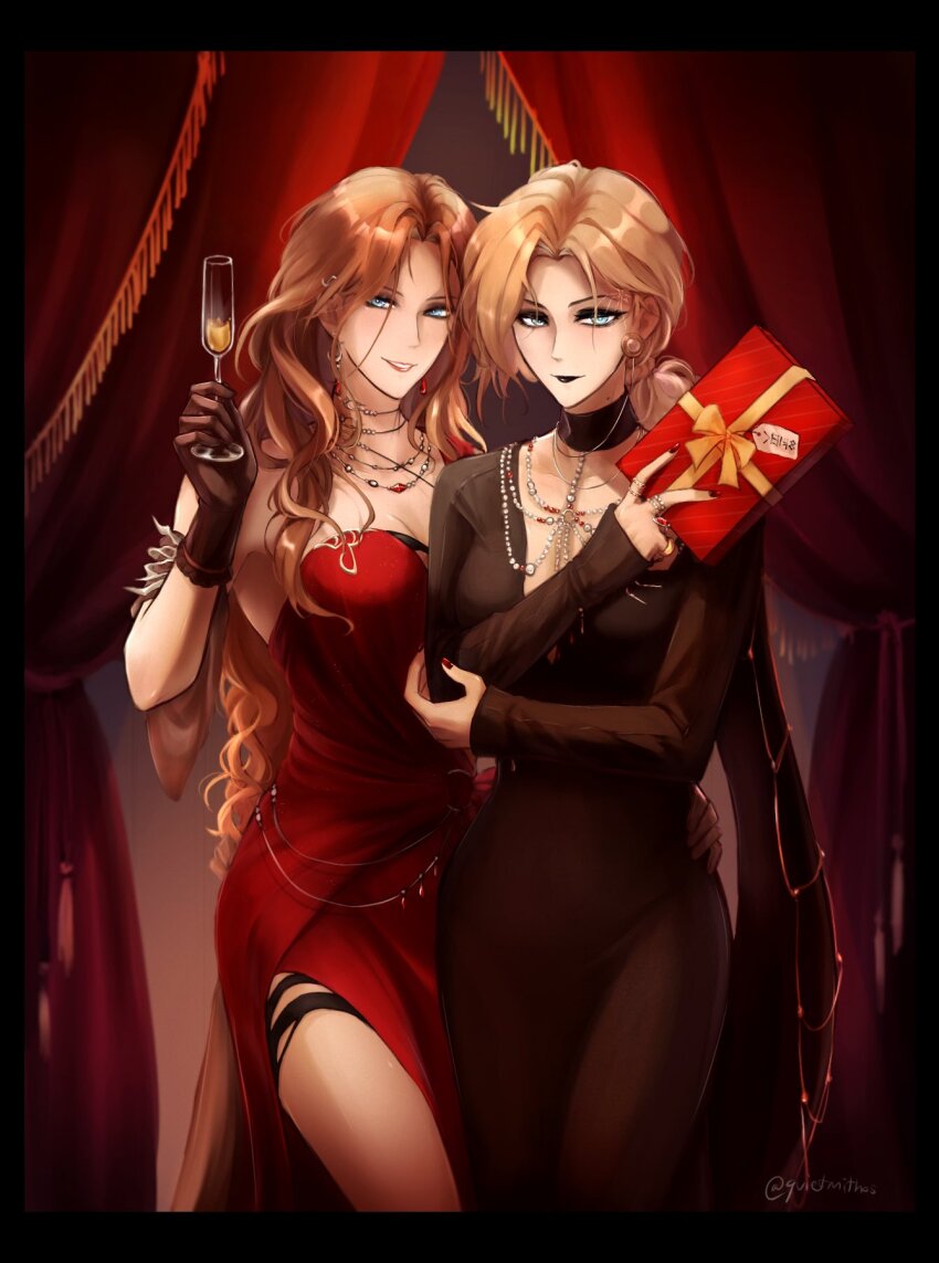 2girls, arm_under_breasts, augustus_(path_to_nowhere), blonde_hair, cowboy_shot, cup, dress, gift