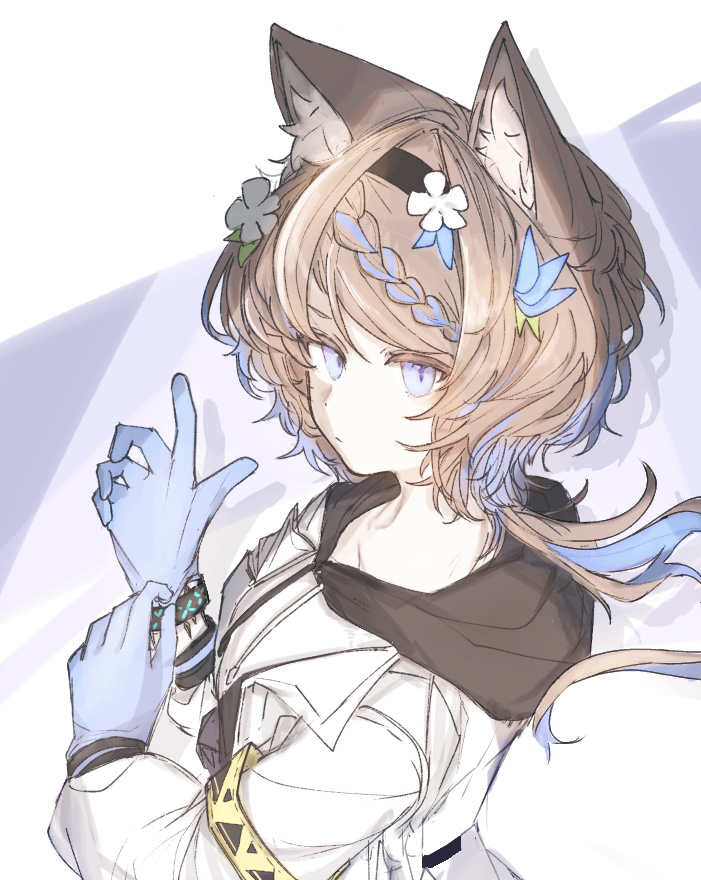 1girl, adjusting_clothes, adjusting_gloves, animal_ear_fluff, animal_ears, arknights, armband, aroma_(arknights)