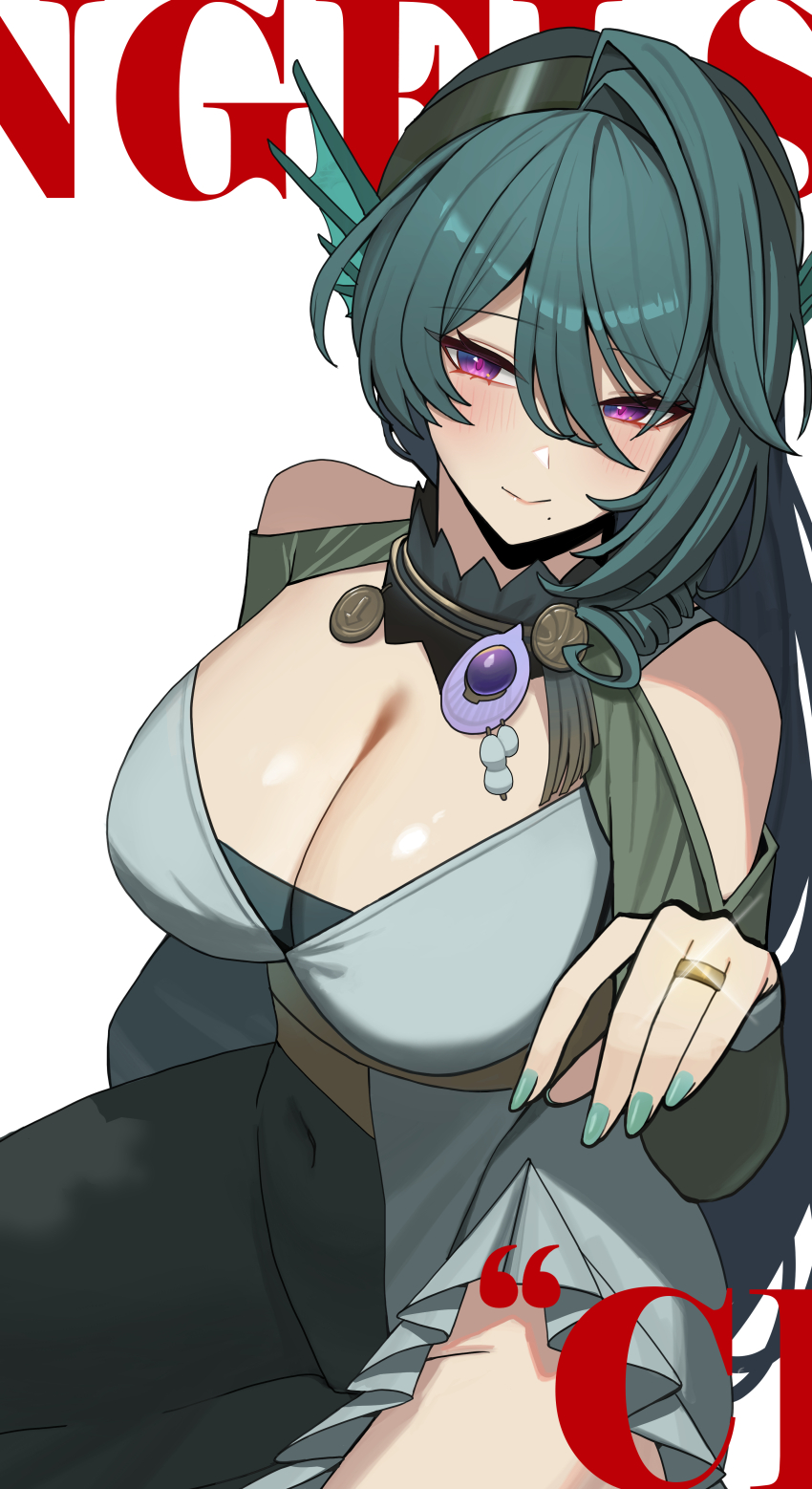 1girl, absurdres, aqua_nails, black_pantyhose, breasts, cecilia_(zenless_zone_zero), cleavage, closed_mouth