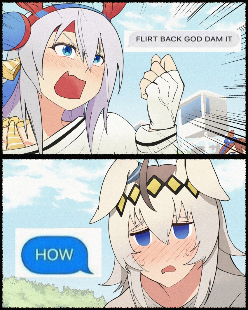 3girls, absurdres, alyerve, animal_ears, blue_eyes, blush, brown_hair, character_request, empty_eyes, fang, fingerless_gloves, flirt_back_goddamnit_(meme), gloves, highres, horse_ears, horse_girl, meme, multiple_girls, oguri_cap_(umamusume), open_mouth, shirt, skin_fang, sweat, tamamo_cross_(umamusume), umamusume, white_gloves, white_hair, white_shirt, yuri