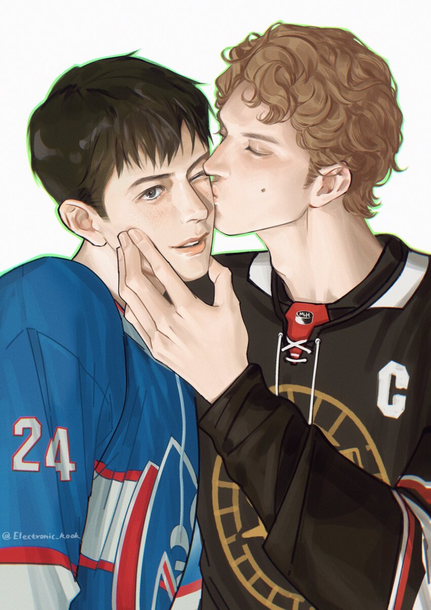 2boys, absurdres, arm_up, black_hair, brown_eyes, brown_hair, closed_eyes, commentary