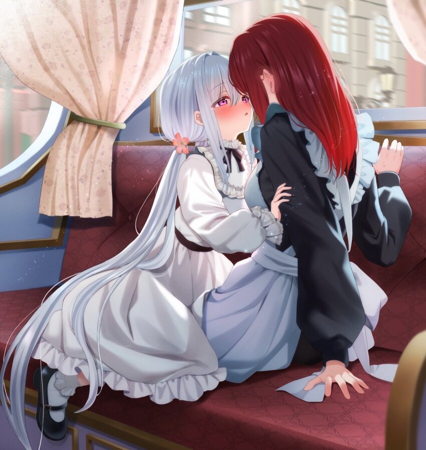 2girls, apron, arm_support, bagel_sandica, berry_(shoujo_no_nozomanu_eiyuutan), black_dress, black_shoes, blush