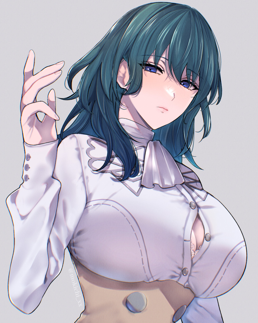 1girl, arm_up, blue_eyes, blue_hair, bra, bra_peek, breasts, cleavage
