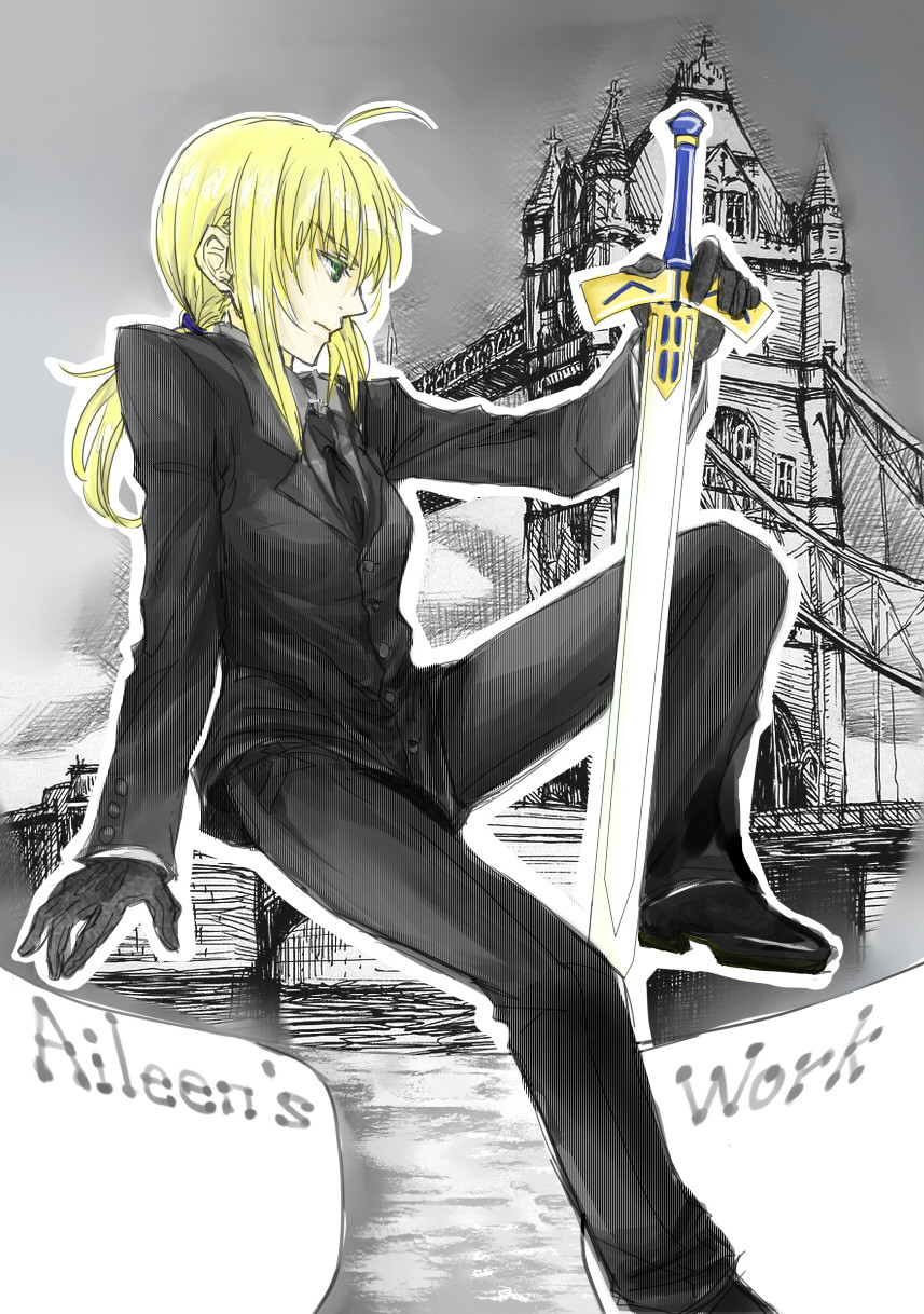 1girl, ahoge, androgynous, artoria_pendragon_(fate), bad_id, bad_pixiv_id, black_gloves, blonde_hair