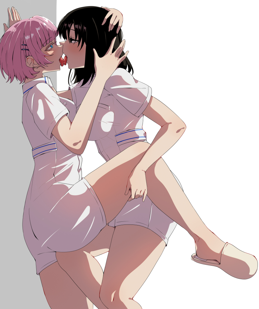 2girls, absurdres, black_eyes, black_hair, blue_eyes, commentary_request, dress, french_kiss