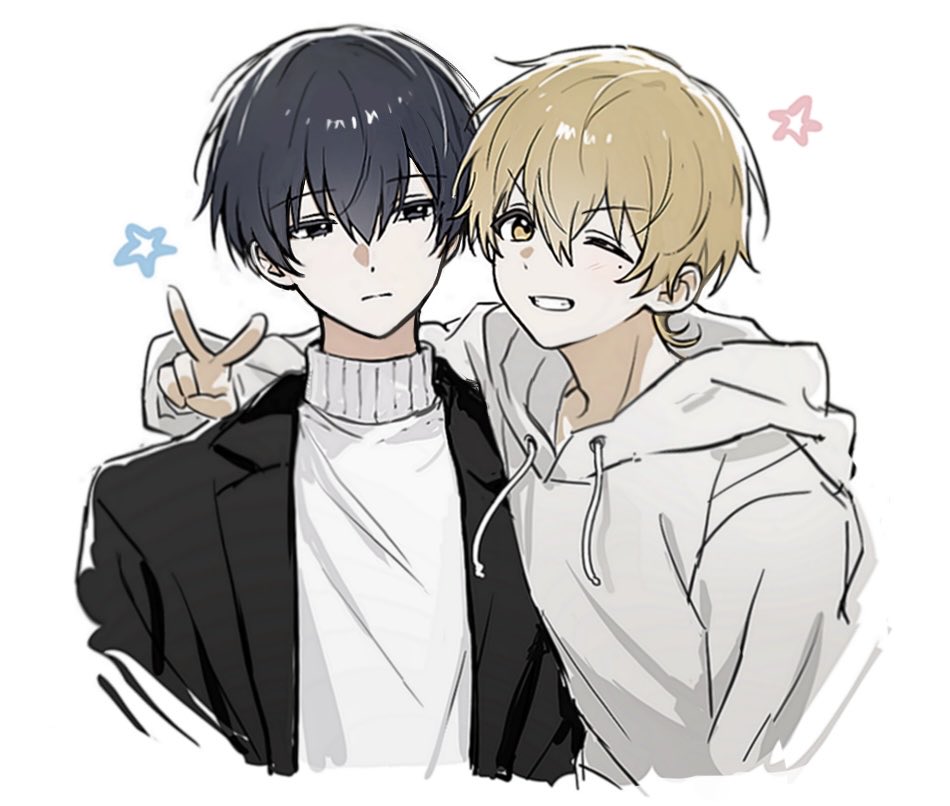 2boys, black_hair, blonde_hair, blue_eyes, boukyaku_battery, closed_mouth, commentary_request, hood