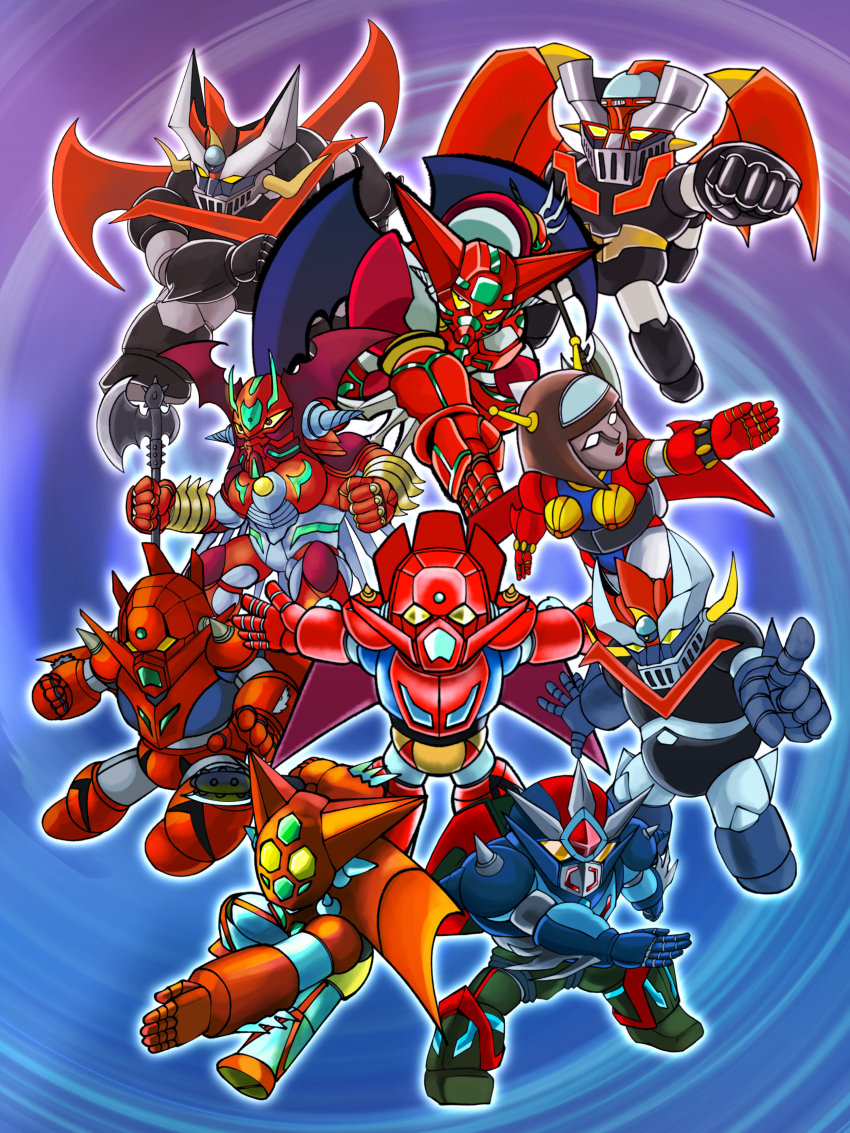 1girl, absurdres, arm_blade, arm_slave_(mecha), armor, axe, blue_armor, breasts, brown_hair, cape, commentary_request, crossover, flying, game_console, gattai, getter-1, getter_dragon, getter_robo, getter_robo_(classic), getter_robo_arc, getter_robo_armageddon, getter_robo_g, glass_cockpit, great_mazinger, great_mazinger_(robot), head_spikes, highres, hirudoido, holding, holding_axe, holding_weapon, horns, jetpack, large_breasts, long_hair, looking_at_viewer, mazinger_(series), mazinger_z, mazinger_z_(mecha), mecha, mecha_focus, metal_hair, multicolored_armor, neo_getter-1, no_humans, pilder, red_armor, red_cape, retro_artstyle, robot, robot_girl, science_fiction, shin_getter-1, shin_getter_robo, shin_getter_robo_vs_neo_getter_robo, shin_mazinger_shougeki!_z-hen, spikes, srw_cover, super_famicom, super_robot, super_robot_wars, tomahawk, venus_a, weapon, wings, yellow_armor, yellow_eyes