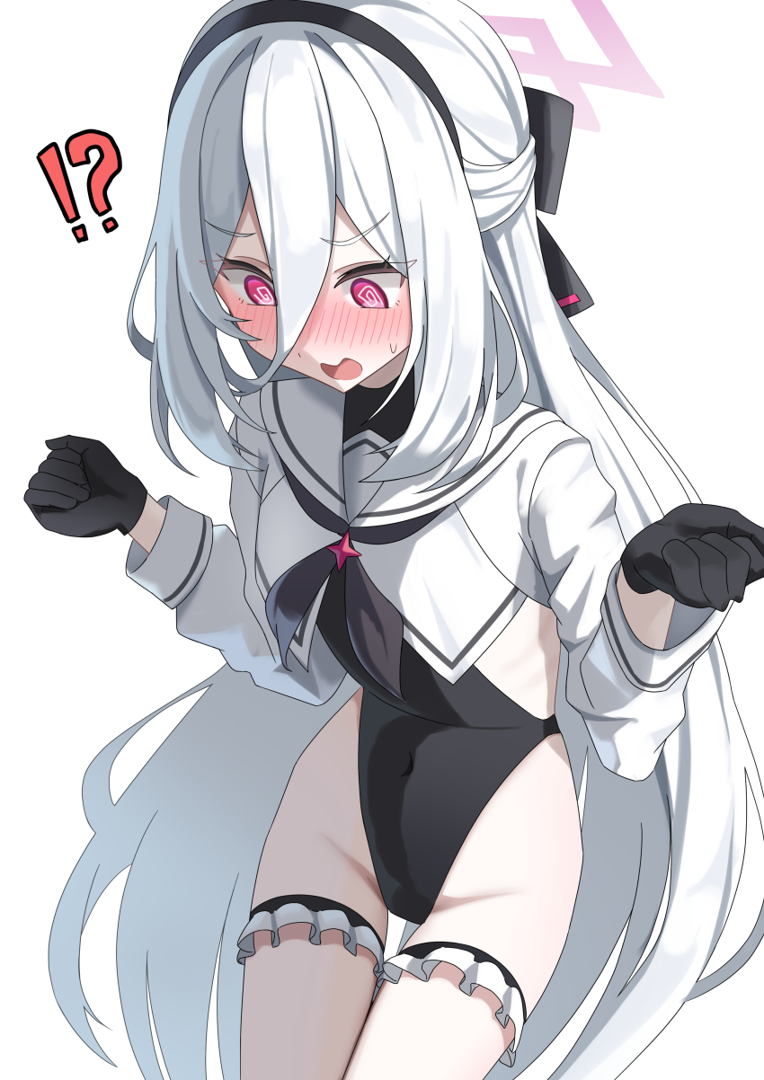 !?, absurdres, black_gloves, black_leotard, black_neckerchief, black_shirt, blue_archive, blush