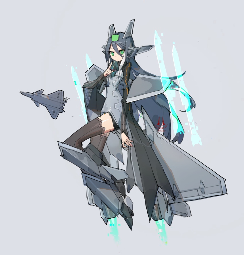 1girl, absurdres, afterburner, air-to-air_missile, aircraft, airplane, breasts, canards, chengdu_j-20, dress, fighter_jet, frider, gown, green_eyes, grey_background, grey_hair, headgear, highres, j-20_(personification), mecha_musume, military_vehicle, original, personification, small_breasts, stealth_aircraft, tagme, thighhighs, vehicle_and_personification