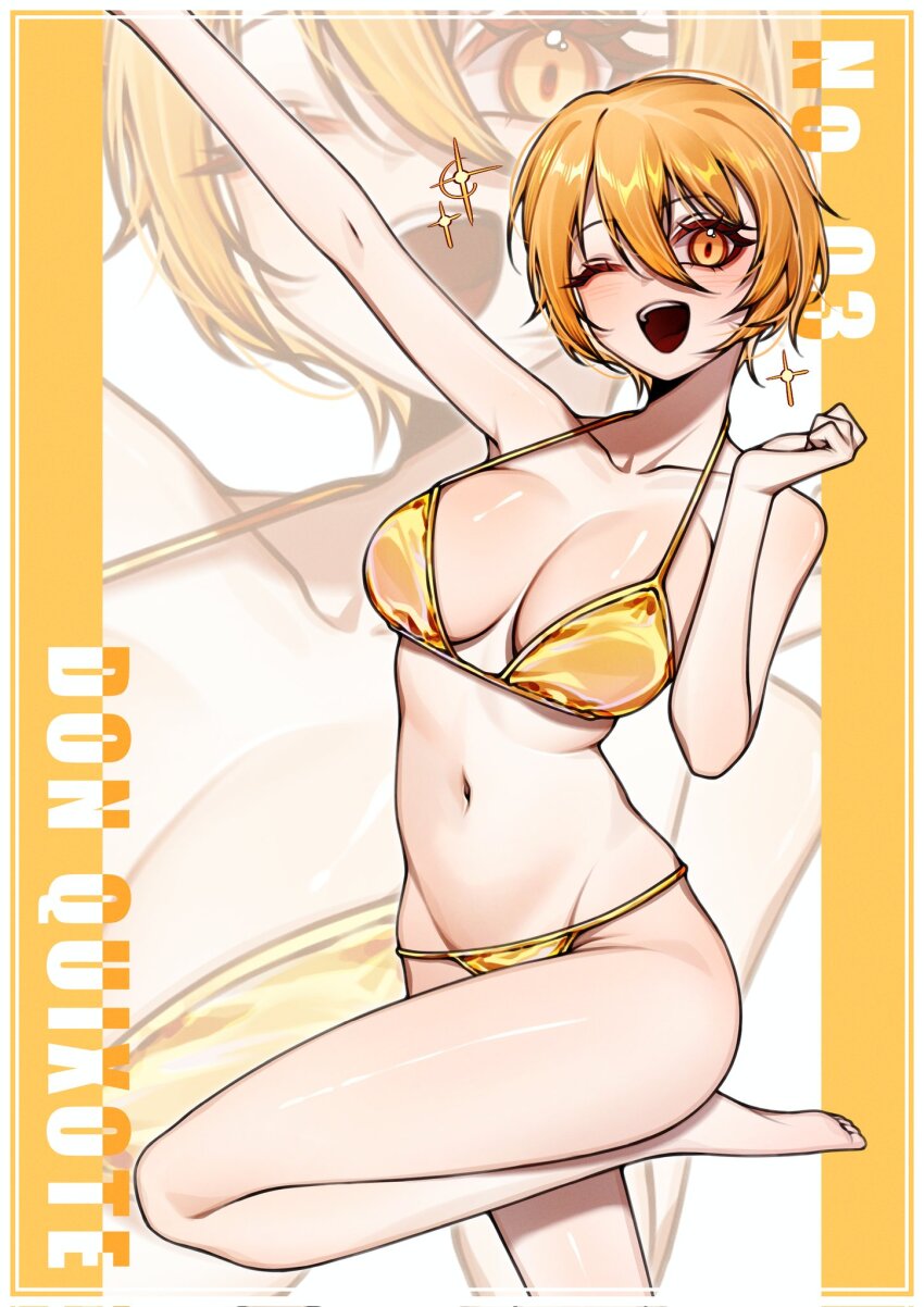 1girl, arm_up, barefoot, bikini, blonde_hair, blush, breasts, character_name, collarbone, don_quixote_(project_moon), feet, gold_bikini, hand_up, hashtag-only_commentary, highres, large_breasts, leg_up, limbus_company, one_eye_closed, open_mouth, project_moon, short_hair, simple_background, smile, solo, string_bikini, suillus, swimsuit, teeth, toes, upper_teeth_only, yellow_background, zoom_layer