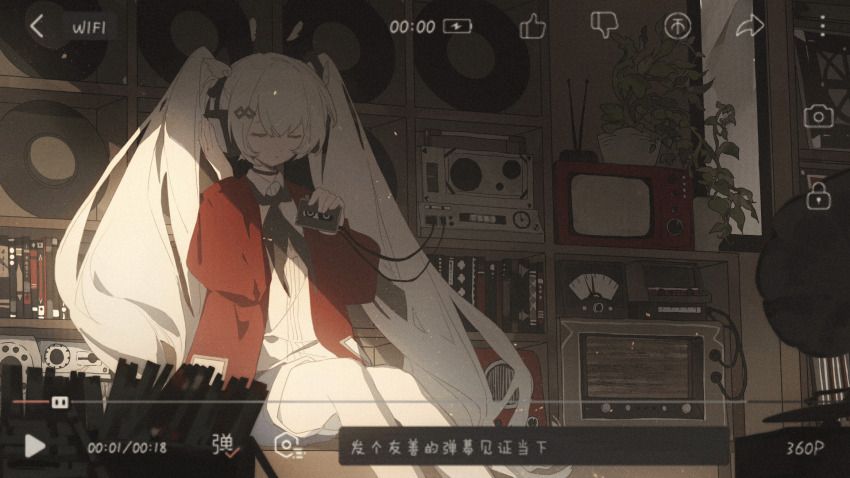 1girl, animated, animated_gif, black_choker, black_eyes, black_neckerchief, blinking, cassette_player, cassette_tape, cd_case, choker, closed_mouth, collared_shirt, day, expressionless, hair_ornament, highres, holding_cassette_tape, indoors, jacket, long_hair, long_sleeves, looking_at_viewer, neckerchief, original, phonograph, red_jacket, shen_a_fang, shirt, shoes, shorts, sidelocks, sitting, solo, sunlight, television, twintails, very_long_hair, white_hair, white_shirt, white_shoes