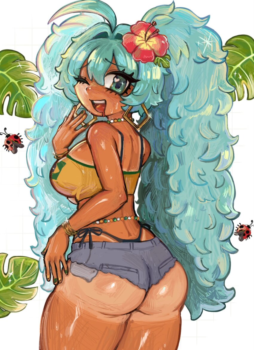 1girl, aqua_eyes, aqua_hair, ass, back, bead_necklace, beads, black_panties, bracelet, brazilian_flag, brazilian_miku, breasts, bug, commentary, drooling, earrings, english_commentary, flower, from_behind, grey_shorts, hair_flower, hair_ornament, hand_up, hatsune_miku, highres, insect, jewelry, ladybug, large_breasts, leaf, long_hair, looking_at_viewer, multicolored_nails, multiple_bracelets, necklace, one_eye_closed, open_mouth, panties, plushvampy, puffy_hair, red_flower, shirt, shorts, tan, tanline, teeth, thighs, twintails, underwear, upper_teeth_only, vocaloid, white_background, yellow_shirt