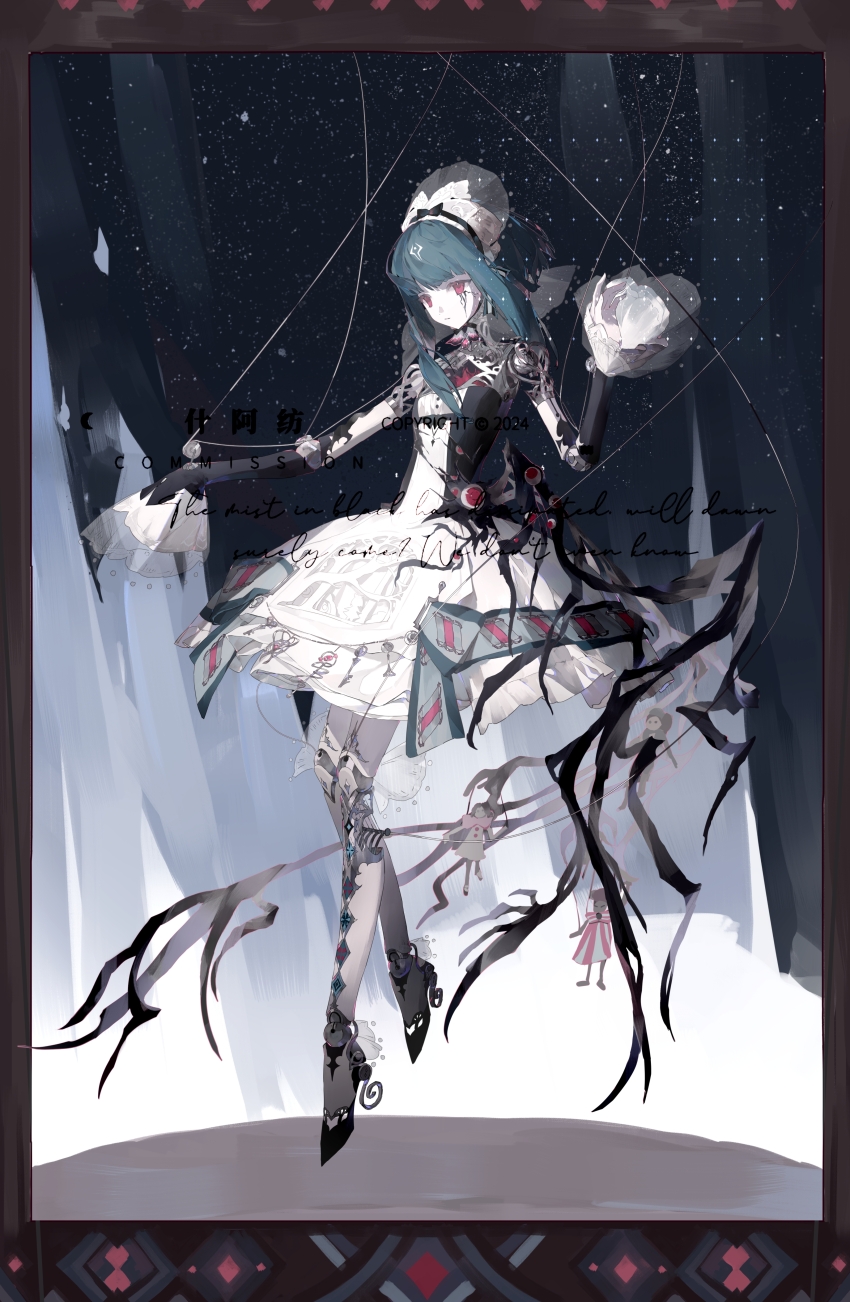 1girl, absurdres, black_bow, black_shoes, blue_hair, blunt_bangs, border, bow