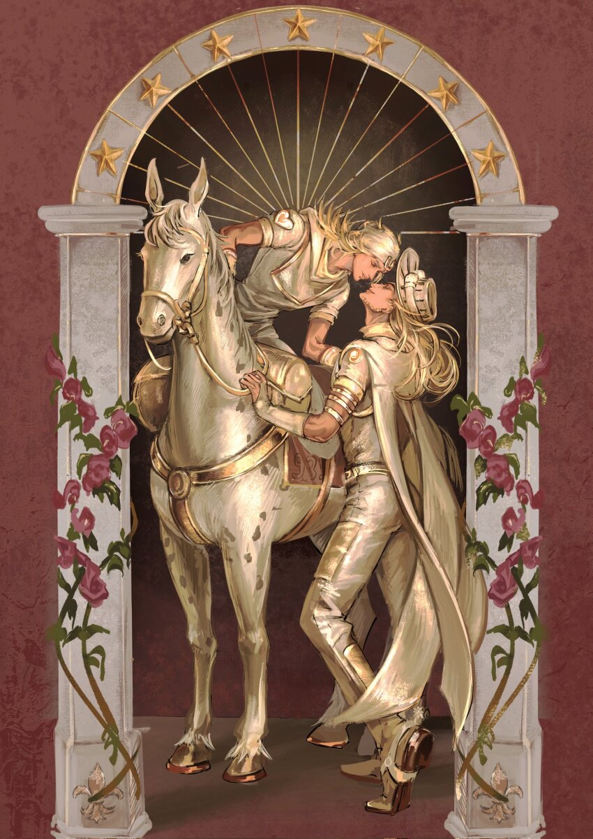 2boys, arch, armband, art_nouveau, beard, blonde_hair, boots, bridal_gauntlets