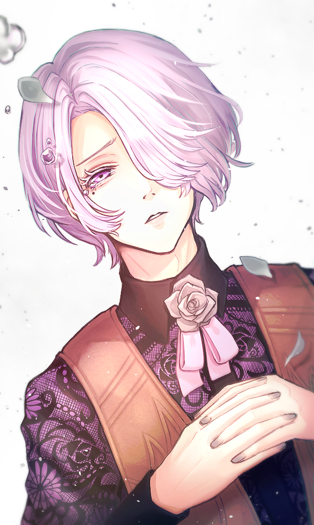 1boy, eyelashes, floral_print, flower, hair_over_one_eye, hito_barahiko, kemono_jihen, male_focus