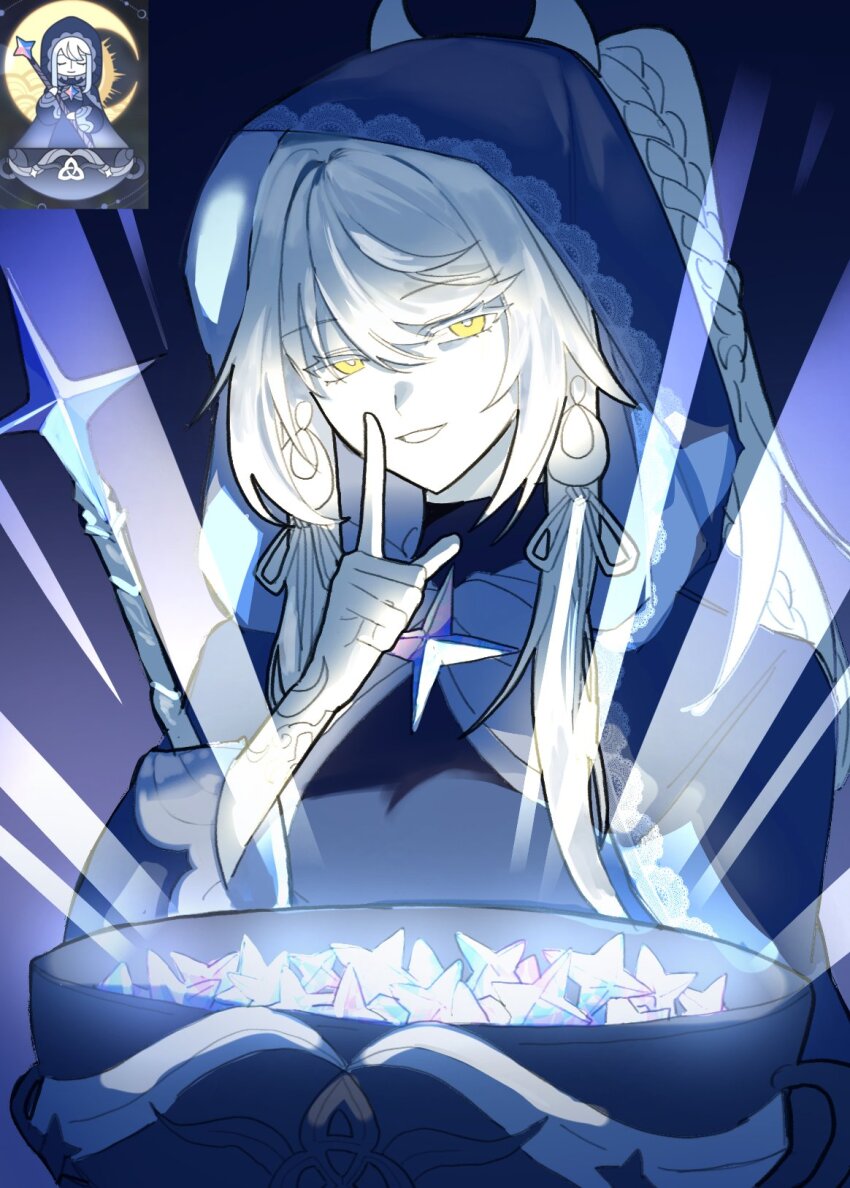 1girl, alternate_costume, alternate_universe, blessing_of_the_welkin_moon, blue_background, blue_dress, blue_veil, bowl