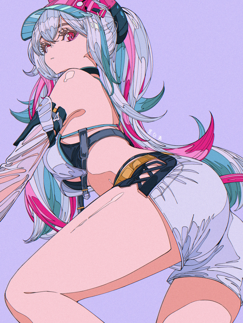 1girl, absurdres, ass, black_choker, blue_streaks, choker, commentary_request, cross-laced_clothes