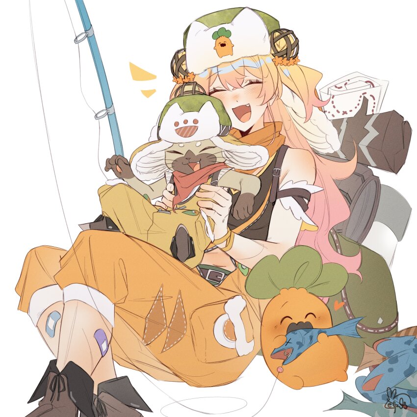 1girl, absurdres, arm_garter, backpack, bag, bandaid, bandaid_on_leg, blonde_hair