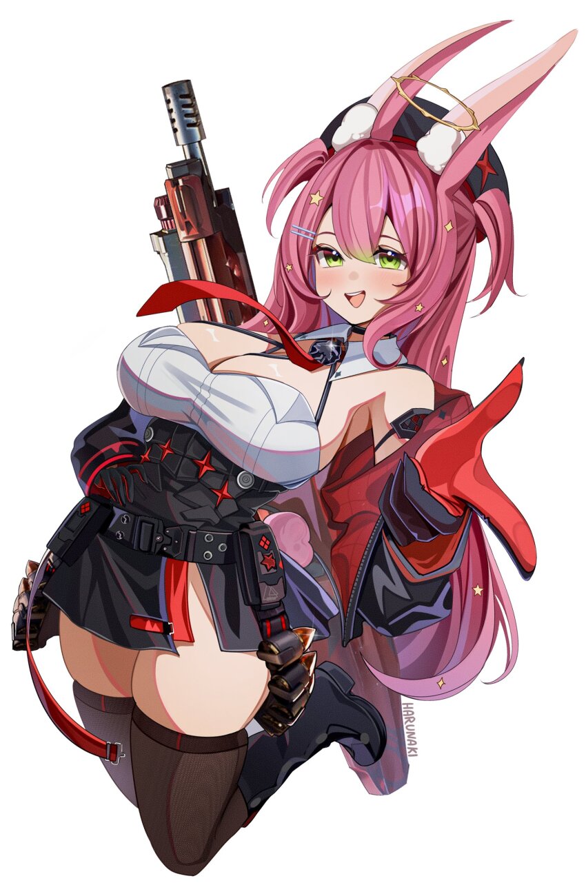 1girl, absurdres, animal_ear_fluff, animal_ears, assault_rifle, bare_shoulders, black_boots, black_skirt