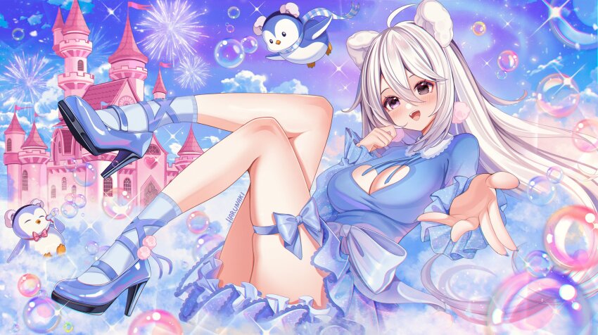 1girl, absurdres, ahoge, animal, animal_ears, bear_ears, bear_girl, bird