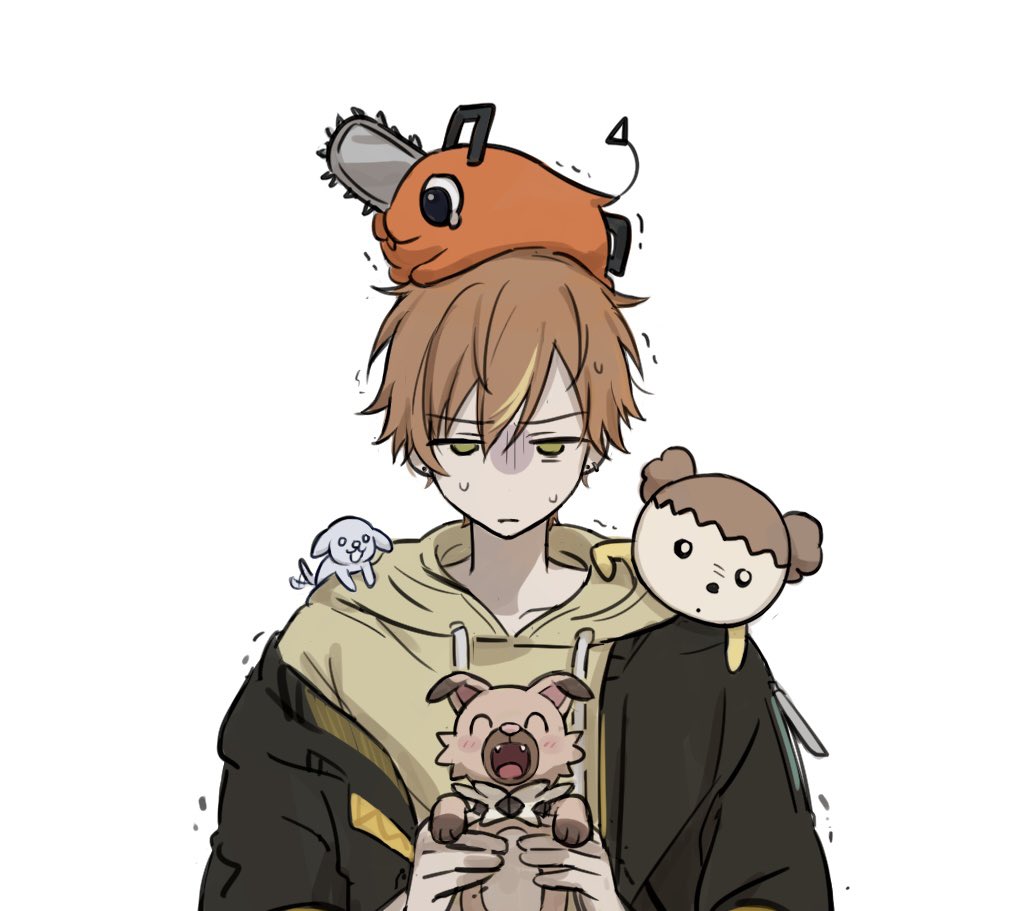 1boy, ^_^, black_jacket, blonde_streaks, brown_eyes, chainsaw_man, character_request, closed_eyes