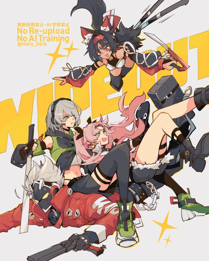 1boy, 3girls, anby_demara, animal_ear_fluff, animal_ears, bare_shoulders, billy_kid, black_choker