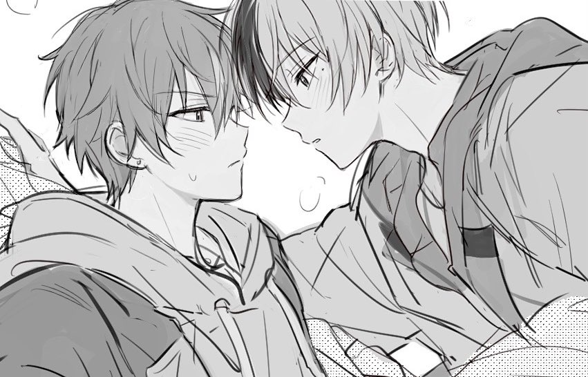 2boys, aoyagi_touya, blush, breath, closed_mouth, commentary, drawstring, eye_contact