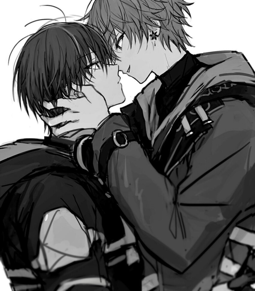 2boys, aoyagi_touya, arm_up, commentary, earrings, eye_contact, from_side, hand_on_another's_face