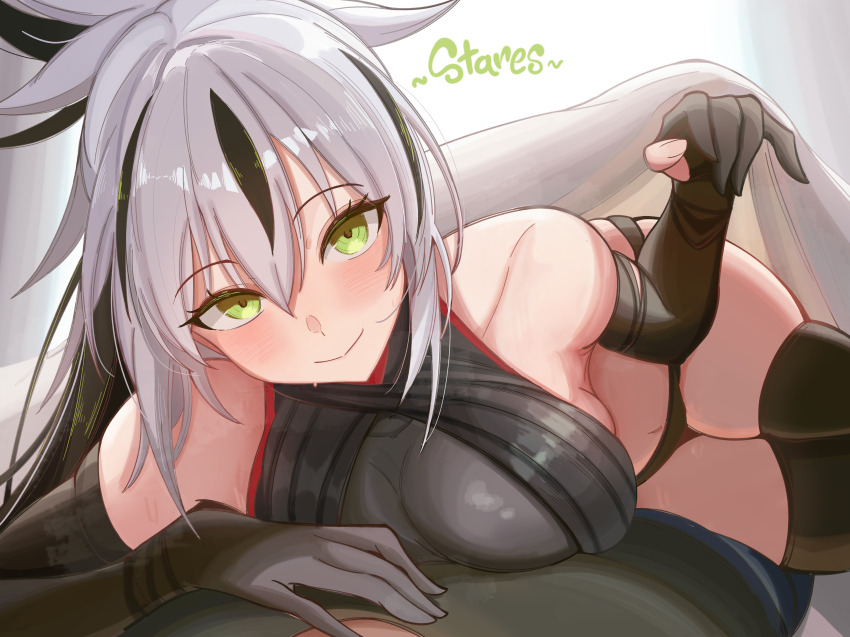 0nineo9, 1boy, 1girl, absurdres, bare_shoulders, bed_sheet, black_hair, blush