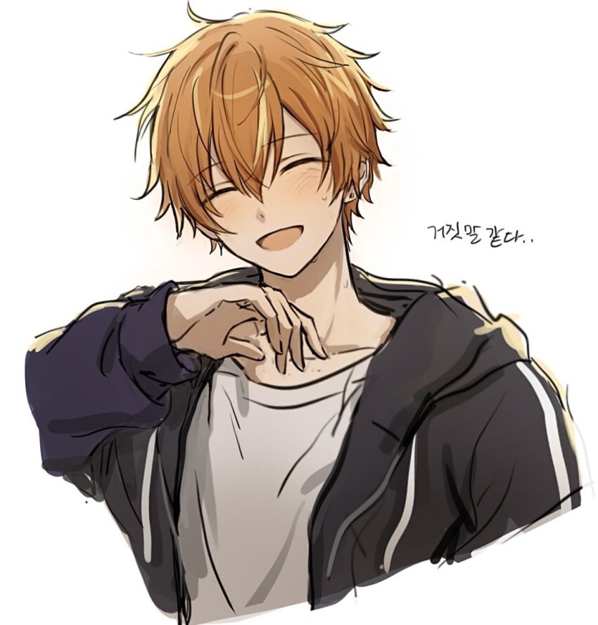 1boy, arm_up, black_jacket, blush, closed_eyes, crew_neck, cropped_torso, double-parted_bangs
