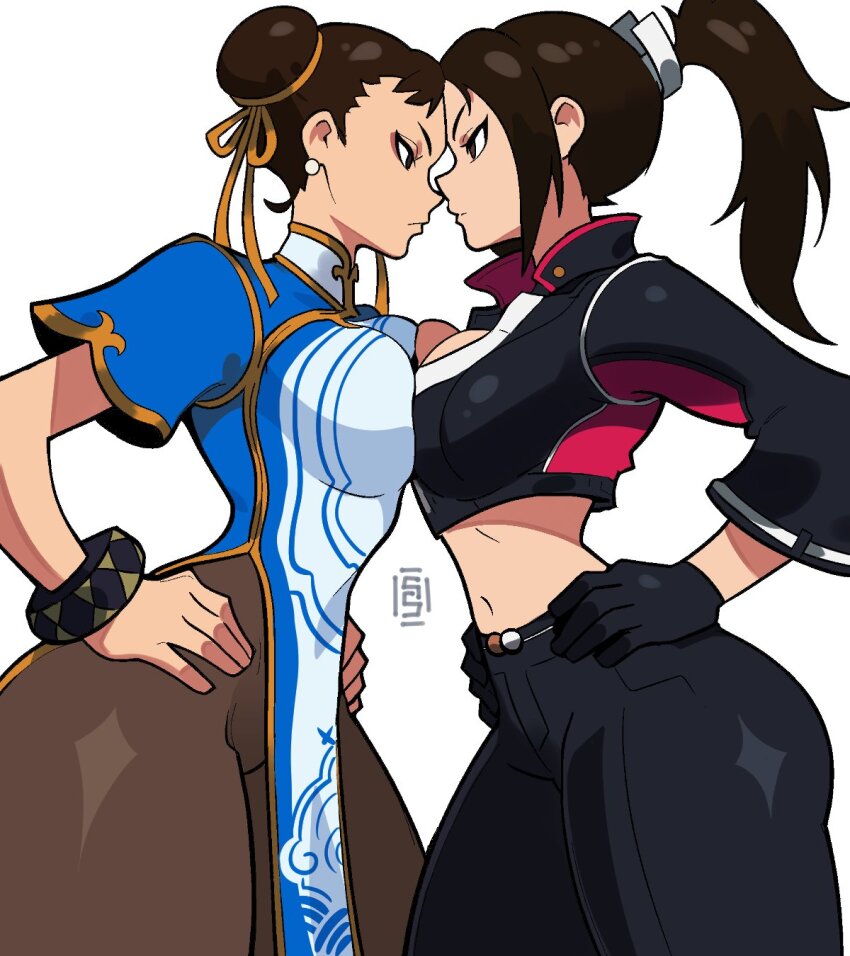 2girls, akiman_pose, black_gloves, black_jacket, black_pants, bracelet, breast_contest, breast_press, breasts, brown_eyes, brown_hair, brown_pantyhose, capcom, chinese_clothes, chun-li, clash_of_breasts_(meme), cleavage, confrontation, crop_top, cropped_jacket, crossover, double_bun, eye_contact, face-to-face, faceoff, fatal_fury, fatal_fury:_city_of_the_wolves, gloves, hair_bun, hands_on_own_hips, high_ponytail, highres, jacket, jewelry, leather, leather_jacket, looking_at_another, matching_hair/eyes, midriff, motoyui, multiple_girls, noses_touching, pants, pantyhose, ponytail, rivalry, shiranui_mai, signature, simple_background, snk, stomach, street_fighter, street_fighter_6, sumishimi, symmetrical_docking, thick_thighs, thighs, tight_clothes, tight_pants, trait_connection, v-shaped_eyebrows