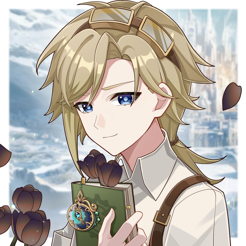 1boy, alain_guillotin, blonde_hair, blue_eyes, blue_pupils, blurry, blurry_background, book